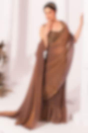 Chestnut Colored Tissue Satin Pre-Draped Wedding Saree Set by Preeti Mehta at Pernia's Pop Up Shop