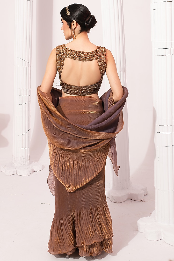 Chestnut Colored Tissue Satin Pre-Draped Wedding Saree Set by Preeti Mehta at Pernia's Pop Up Shop