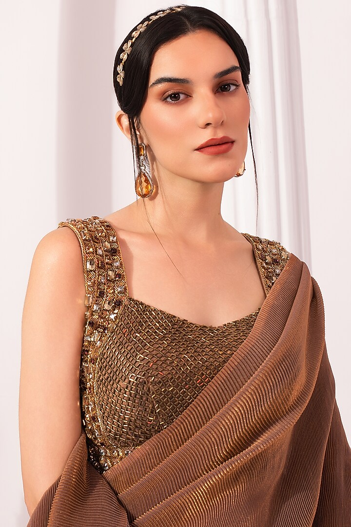 Chestnut Colored Tissue Satin Pre-Draped Wedding Saree Set by Preeti Mehta at Pernia's Pop Up Shop