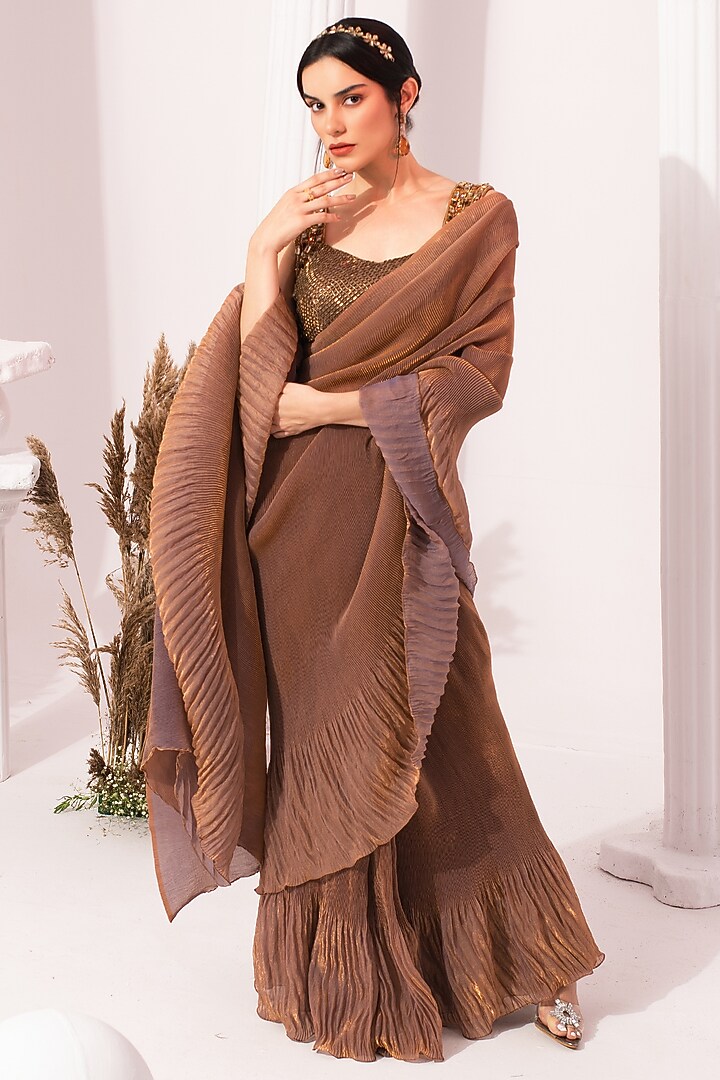 Chestnut Colored Tissue Satin Pre-Draped Wedding Saree Set by Preeti Mehta at Pernia's Pop Up Shop