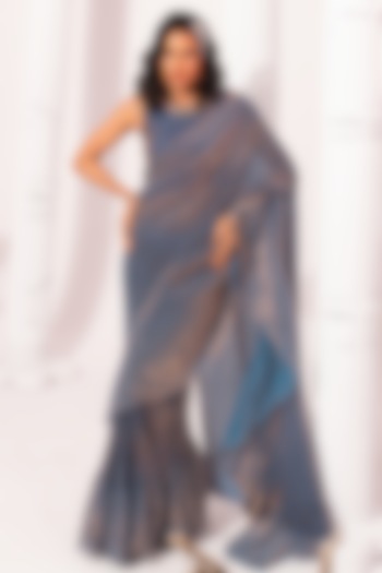 Steel Blue Tissue Satin Pre-Draped Party Wear Saree Set by Preeti Mehta at Pernia's Pop Up Shop