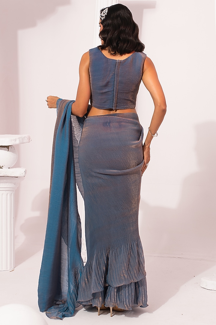 Steel Blue Tissue Satin Pre-Draped Party Wear Saree Set by Preeti Mehta at Pernia's Pop Up Shop