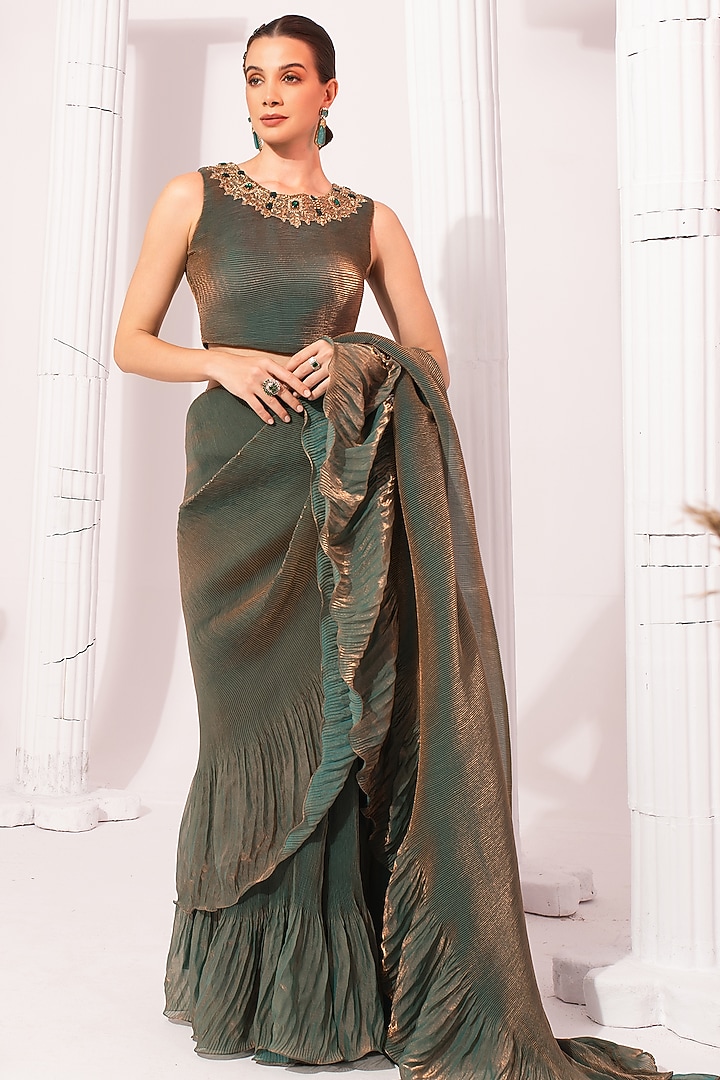 Moss Green Tissue Satin Pre-Draped Party Wear Saree Set by Preeti Mehta at Pernia's Pop Up Shop