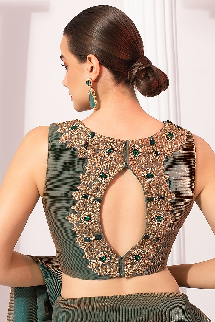 Moss Green Tissue Satin Pre-Draped Party Wear Saree Set by Preeti Mehta at Pernia's Pop Up Shop