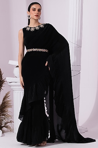 Jet Black Tissue Satin Pre-Draped Saree Set by Preeti Mehta