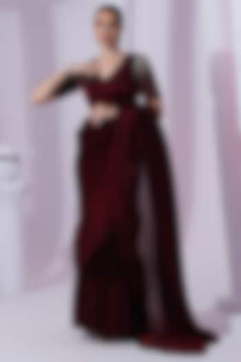 Wine Red Tissue Satin Pre-Draped Party Wear Saree Set by Preeti Mehta at Pernia's Pop Up Shop