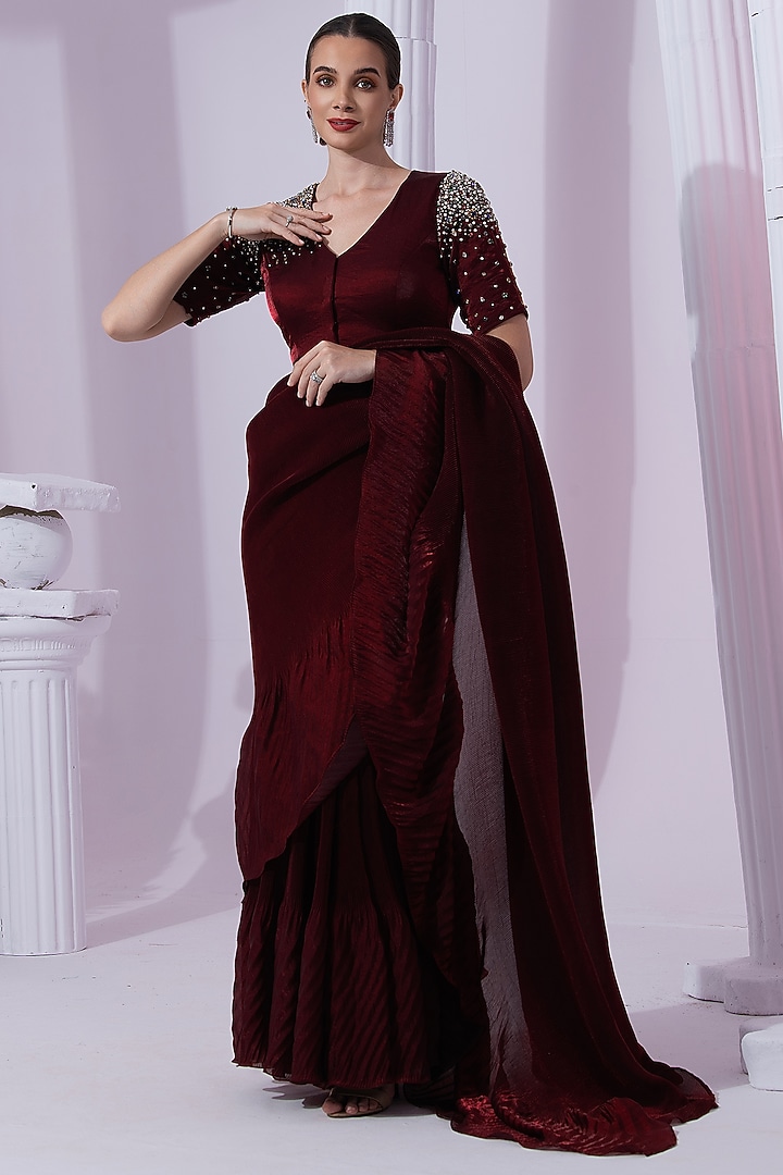 Wine Red Tissue Satin Pre-Draped Party Wear Saree Set by Preeti Mehta at Pernia's Pop Up Shop