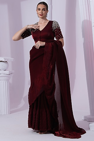 Wine Red Tissue Satin Pre-Draped Saree Set by Preeti Mehta