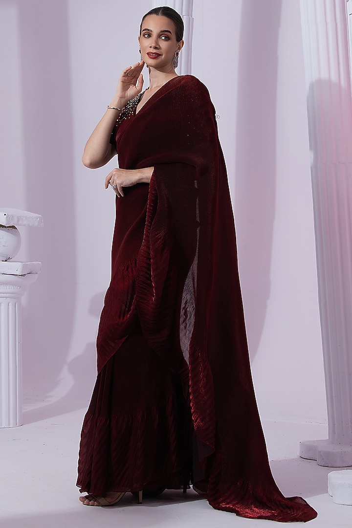 Wine Red Tissue Satin Pre-Draped Party Wear Saree Set by Preeti Mehta at Pernia's Pop Up Shop