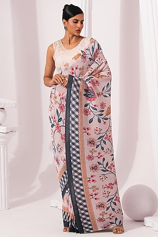 Butter Cream Viscose Georgette Digital Printed Pre-Draped Saree Set by Preeti Mehta
