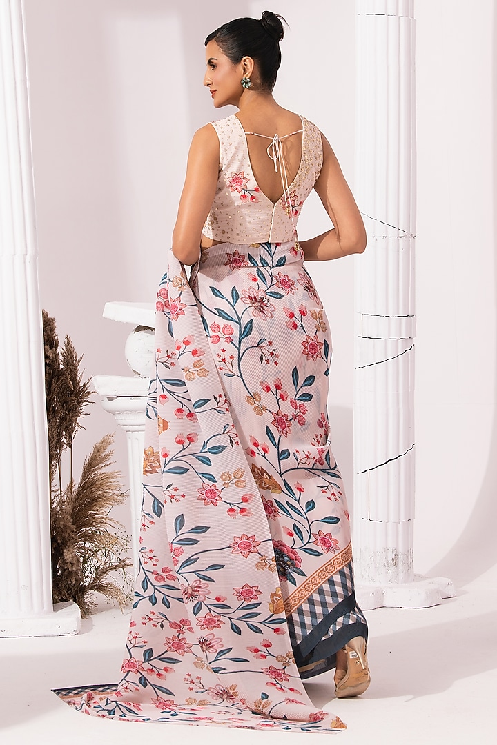 Butter Cream Viscose Georgette Digital Printed Pre-Draped Party Wear Saree Set by Preeti Mehta at Pernia's Pop Up Shop
