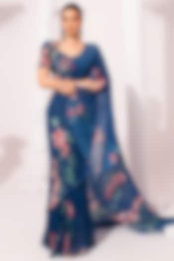 Deep Blue Georgette Digital Printed Pre-Draped Party Wear Saree Set by Preeti Mehta at Pernia's Pop Up Shop
