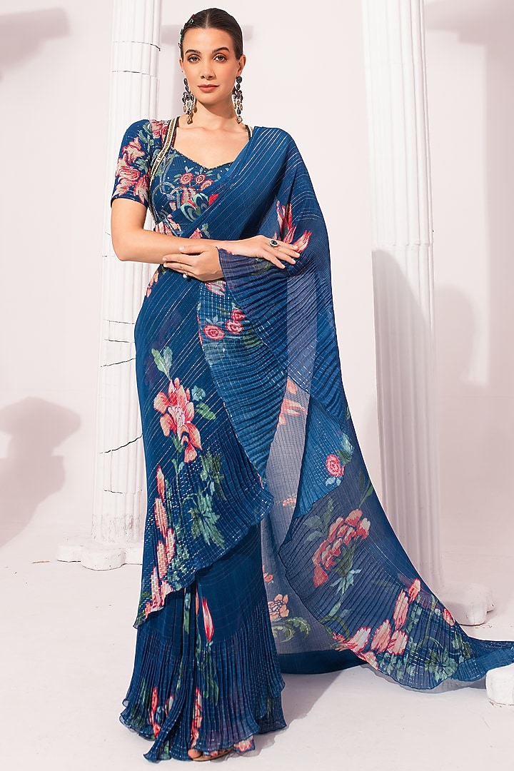 Deep Blue Georgette Digital Printed Pre-Draped Party Wear Saree Set by Preeti Mehta at Pernia's Pop Up Shop