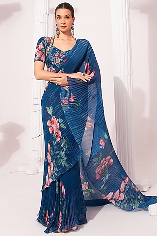 Deep Blue Georgette Digital Printed Pre-Draped Saree Set by Preeti Mehta