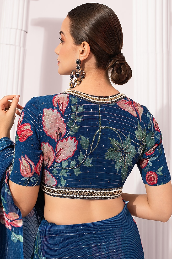 Deep Blue Georgette Digital Printed Pre-Draped Party Wear Saree Set by Preeti Mehta at Pernia's Pop Up Shop