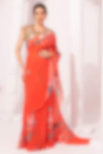Orangey Red Georgette Digital Printed Pre-Draped Party Wear Saree Set by Preeti Mehta at Pernia's Pop Up Shop