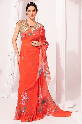 Orangey Red Georgette Digital Printed Pre-Draped Saree Set by Preeti Mehta