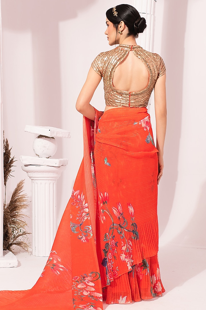 Orangey Red Georgette Digital Printed Pre-Draped Party Wear Saree Set by Preeti Mehta at Pernia's Pop Up Shop