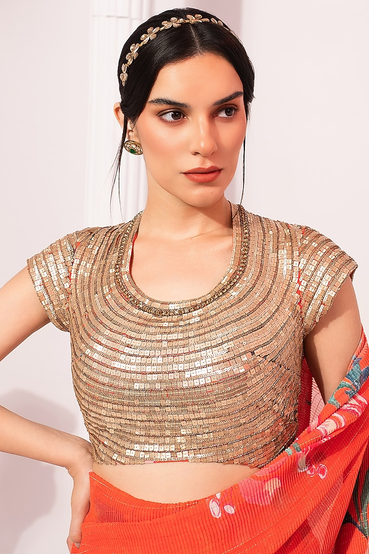Orangey Red Georgette Digital Printed Pre-Draped Party Wear Saree Set by Preeti Mehta at Pernia's Pop Up Shop