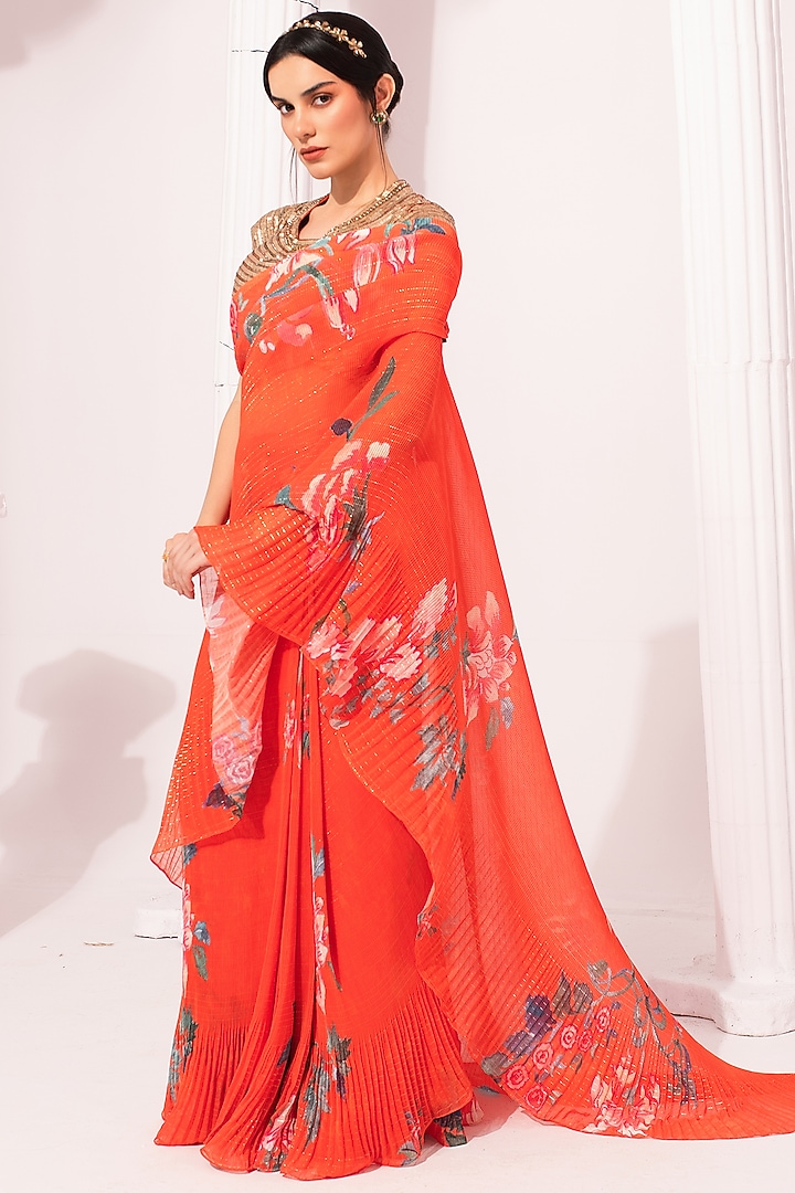 Orangey Red Georgette Digital Printed Pre-Draped Party Wear Saree Set by Preeti Mehta at Pernia's Pop Up Shop