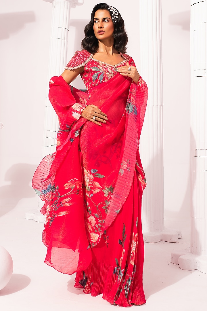 Cherry Pink Georgette Digital Printed Pre-Draped Party Wear Saree Set by Preeti Mehta at Pernia's Pop Up Shop