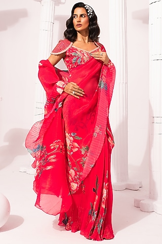 Cherry Pink Georgette Digital Printed Pre-Draped Saree Set by Preeti Mehta