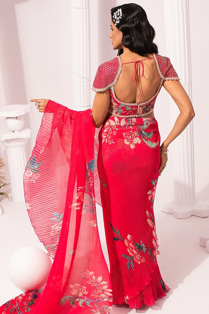 Cherry Pink Georgette Digital Printed Pre-Draped Party Wear Saree Set by Preeti Mehta at Pernia's Pop Up Shop