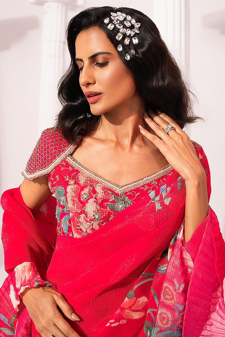 Cherry Pink Georgette Digital Printed Pre-Draped Party Wear Saree Set by Preeti Mehta at Pernia's Pop Up Shop