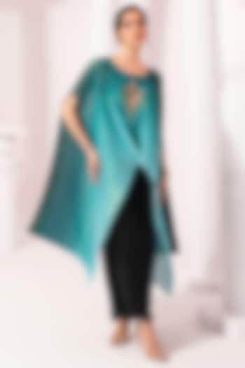 Sea Blue Ombre Polyester Hand Embroidered Kaftan Set by Preeti Mehta at Pernia's Pop Up Shop