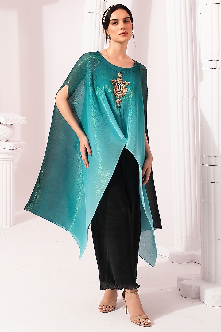 Sea Blue Ombre Polyester Hand Embroidered Kaftan Set by Preeti Mehta at Pernia's Pop Up Shop