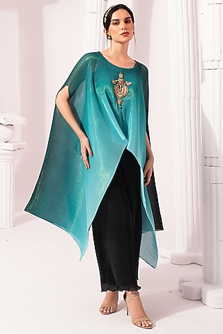Sea Blue Ombre Polyester Hand Embroidered Kaftan Set by Preeti Mehta