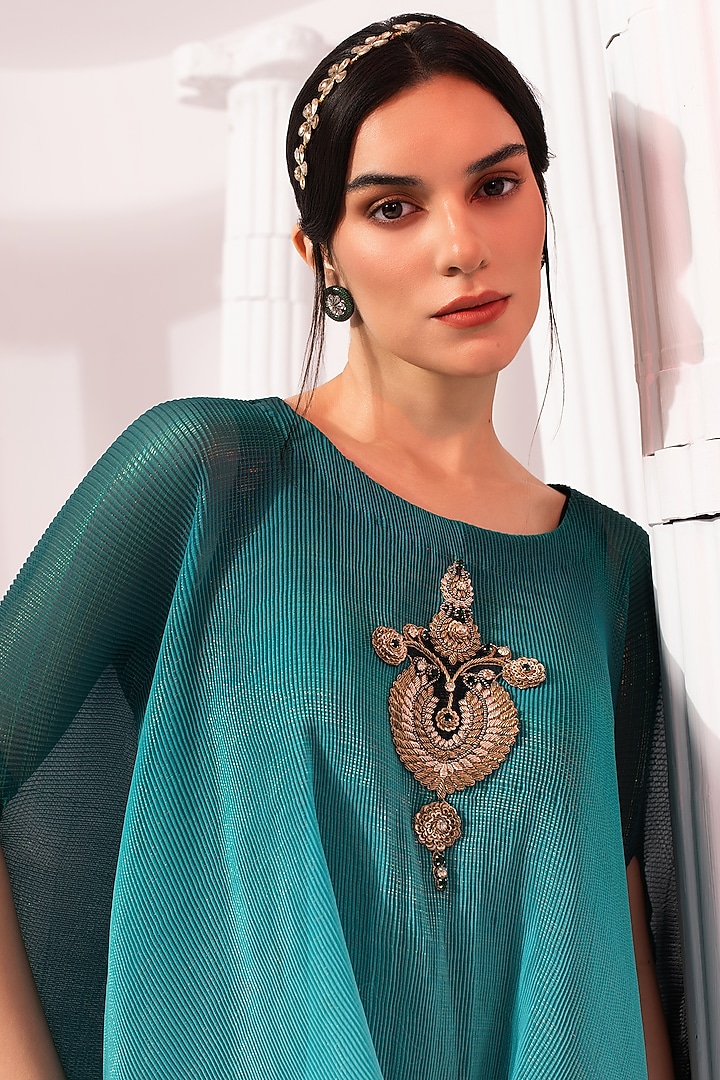 Sea Blue Ombre Polyester Hand Embroidered Kaftan Set by Preeti Mehta at Pernia's Pop Up Shop