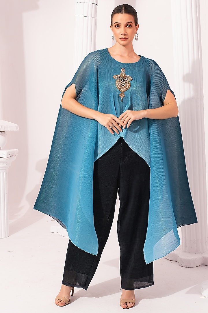 Ocean Blue Ombre Chiffon Hand Embroidered Kaftan Set by Preeti Mehta at Pernia's Pop Up Shop