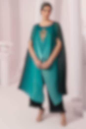 Sea Green Ombre Chiffon Hand Embroidered Kaftan Set by Preeti Mehta at Pernia's Pop Up Shop