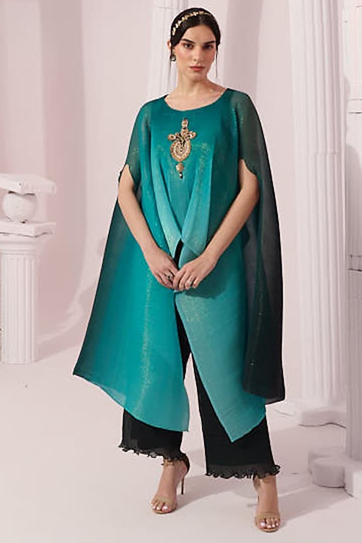 Sea Green Ombre Chiffon Hand Embroidered Kaftan Set by Preeti Mehta at Pernia's Pop Up Shop