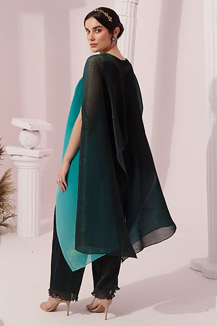 Sea Green Ombre Chiffon Hand Embroidered Kaftan Set by Preeti Mehta at Pernia's Pop Up Shop