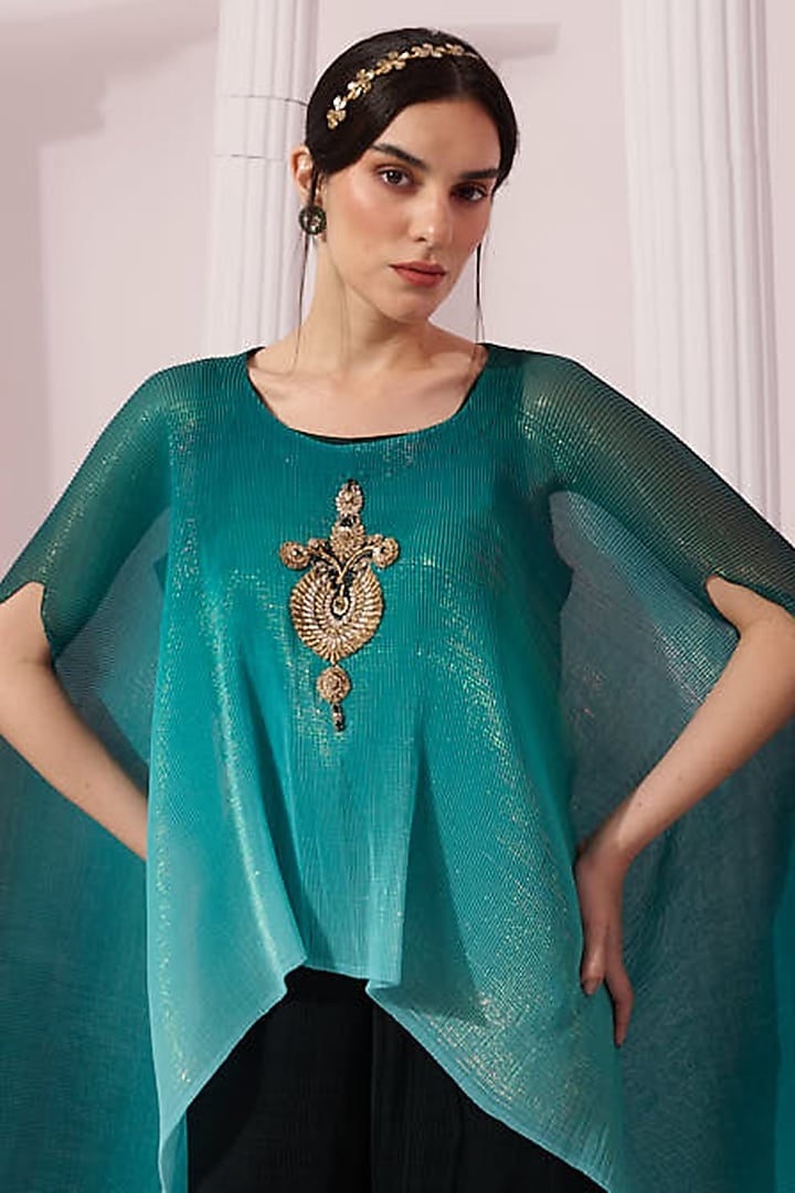 Sea Green Ombre Chiffon Hand Embroidered Kaftan Set by Preeti Mehta at Pernia's Pop Up Shop