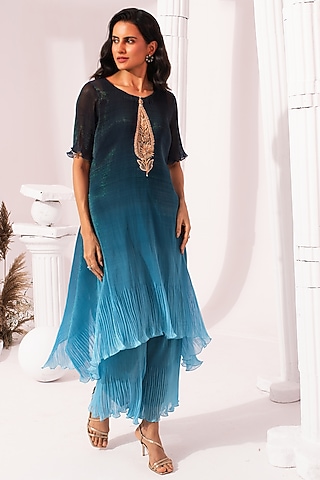 Ocean Blue Ombre Chiffon Hand Embroidered Kurta Set by Preeti Mehta