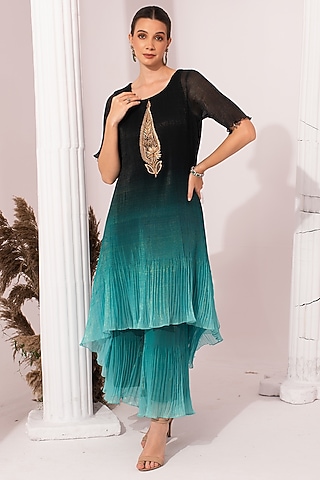 Sea Green Ombre Chiffon Hand Embroidered Kurta Set by Preeti Mehta