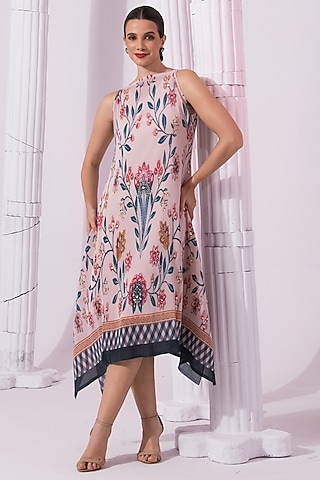 Butter Cream Viscose Georgette Digital Printed Dress by Preeti Mehta