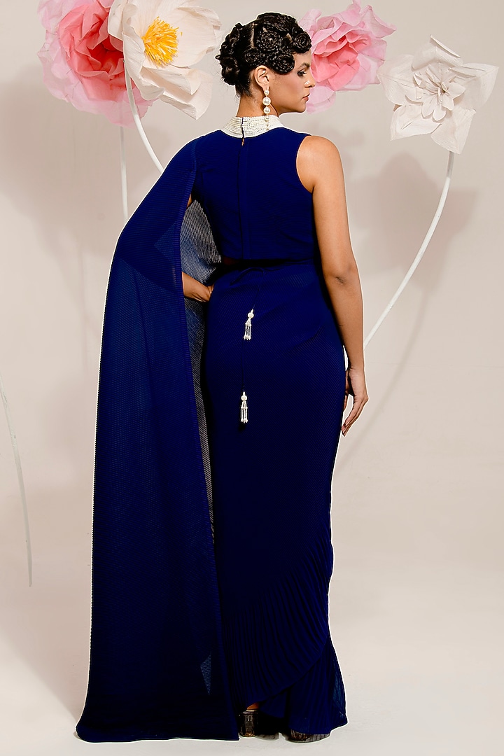 Navy Blue Georgette Viscose & Polyester Pre-Draped Pleated Party Wear Saree Set by preeti mehta at Pernia's Pop Up Shop