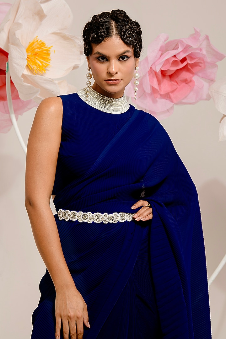 Navy Blue Georgette Viscose & Polyester Pre-Draped Pleated Party Wear Saree Set by preeti mehta at Pernia's Pop Up Shop