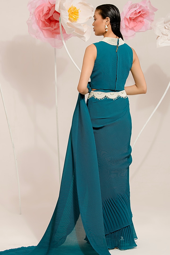Peacock Green Georgette Viscose & Polyester Pre-Draped Pleated Party Wear Saree Set by preeti mehta at Pernia's Pop Up Shop