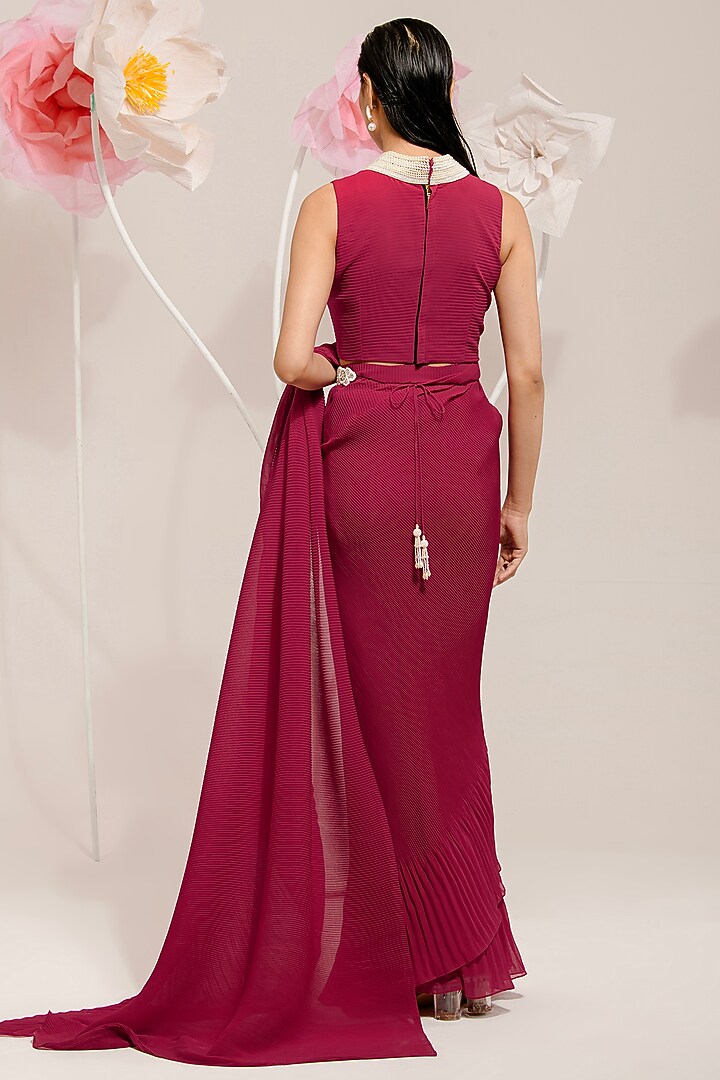 Cherry Red Georgette Viscose & Polyester Pre-Draped Pleated Party Wear Saree Set by preeti mehta at Pernia's Pop Up Shop