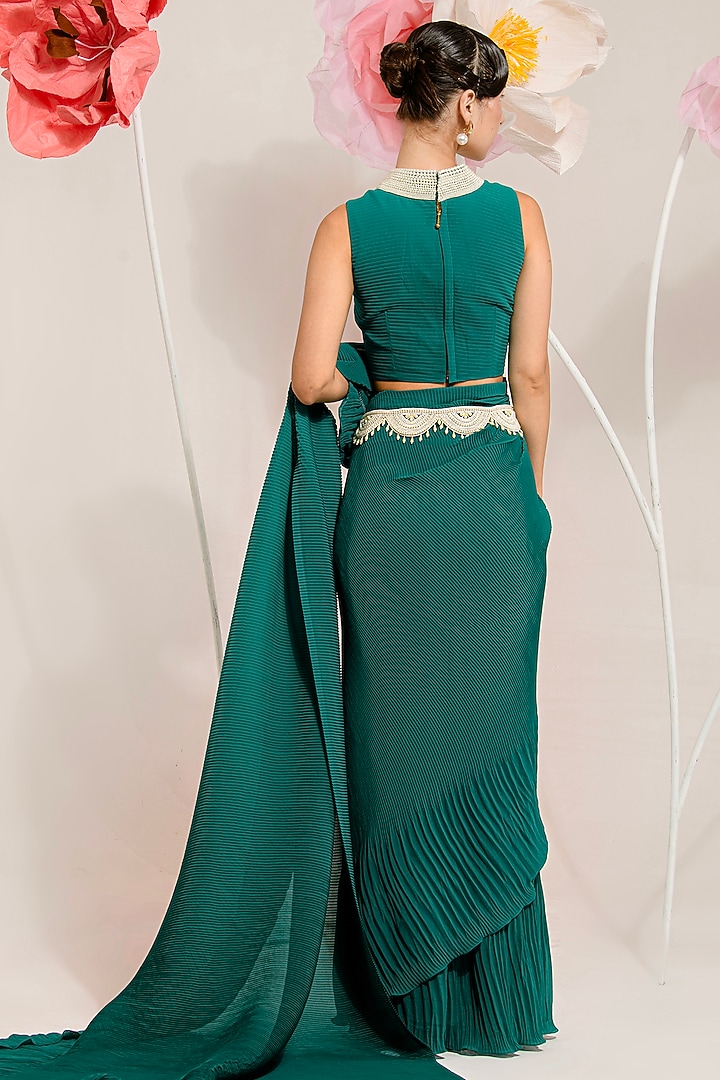 Teal Green Georgette Viscose & Polyester Pre-Draped Pleated Party Wear Saree Set by preeti mehta at Pernia's Pop Up Shop