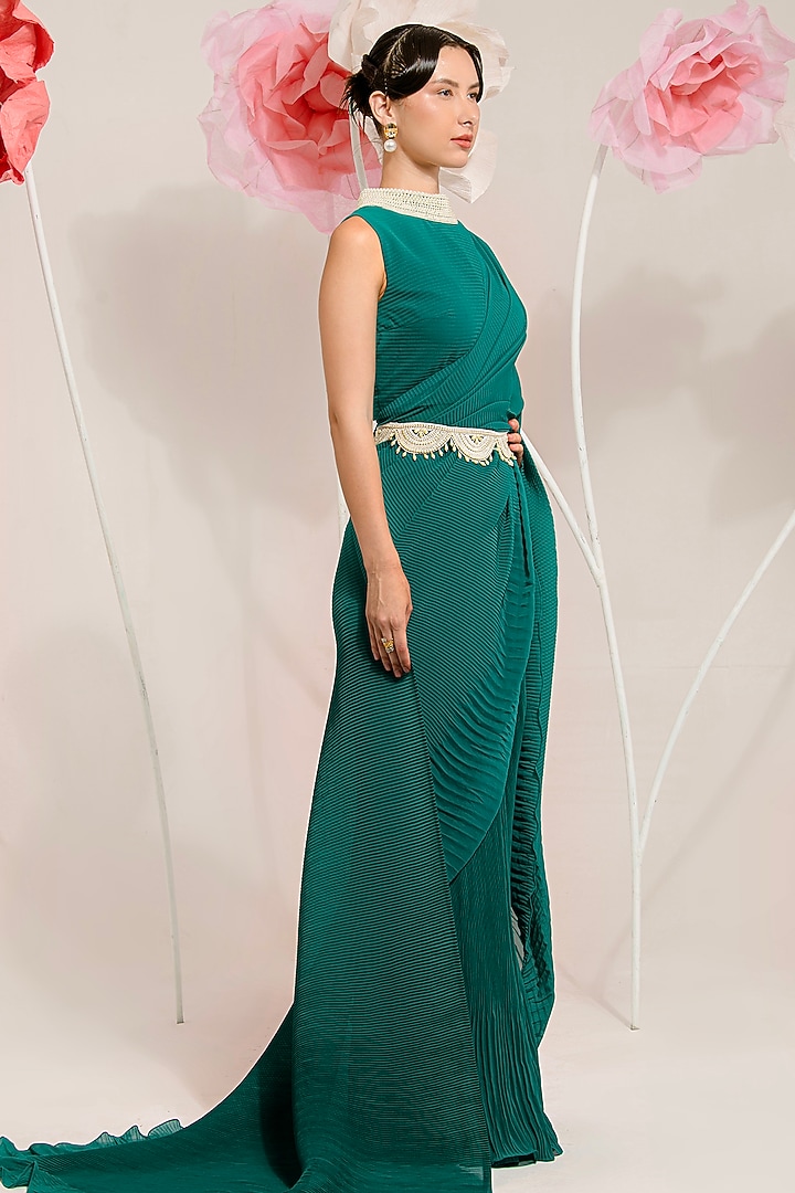 Teal Green Georgette Viscose & Polyester Pre-Draped Pleated Party Wear Saree Set by preeti mehta at Pernia's Pop Up Shop