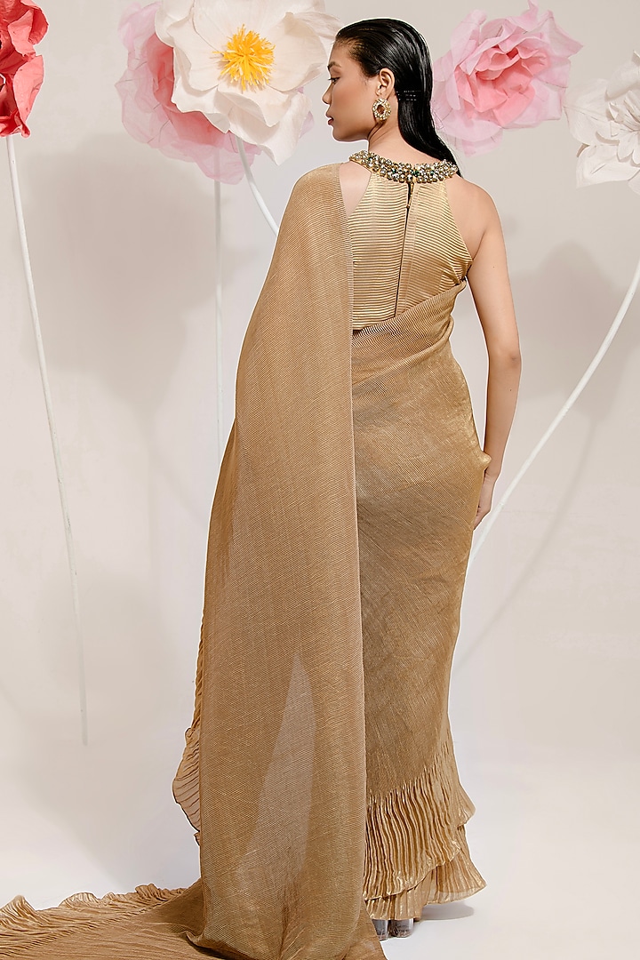 Honey Gold Georgette Viscose & Polyester Pleated Party Wear Saree Set by preeti mehta at Pernia's Pop Up Shop