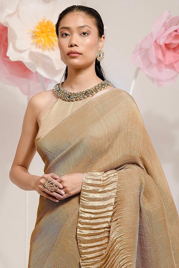 Honey Gold Georgette Viscose & Polyester Pleated Party Wear Saree Set by preeti mehta at Pernia's Pop Up Shop