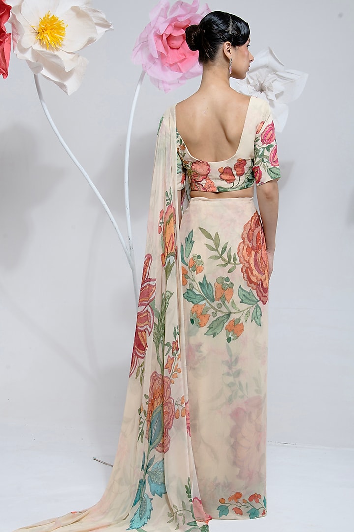 Cream Georgette Digital Printed Pre-Draped Party Wear Saree Set by preeti mehta at Pernia's Pop Up Shop
