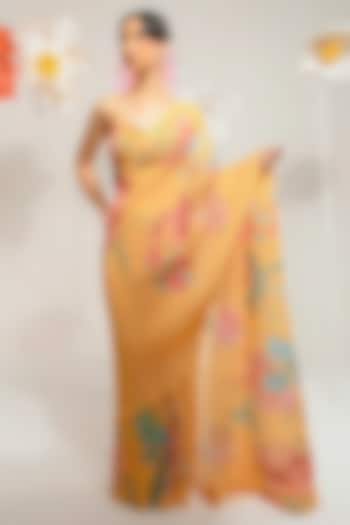 Chrome Yellow Georgette Viscose & Polyester Digital Printed Pleated Saree Set by preeti mehta at Pernia's Pop Up Shop